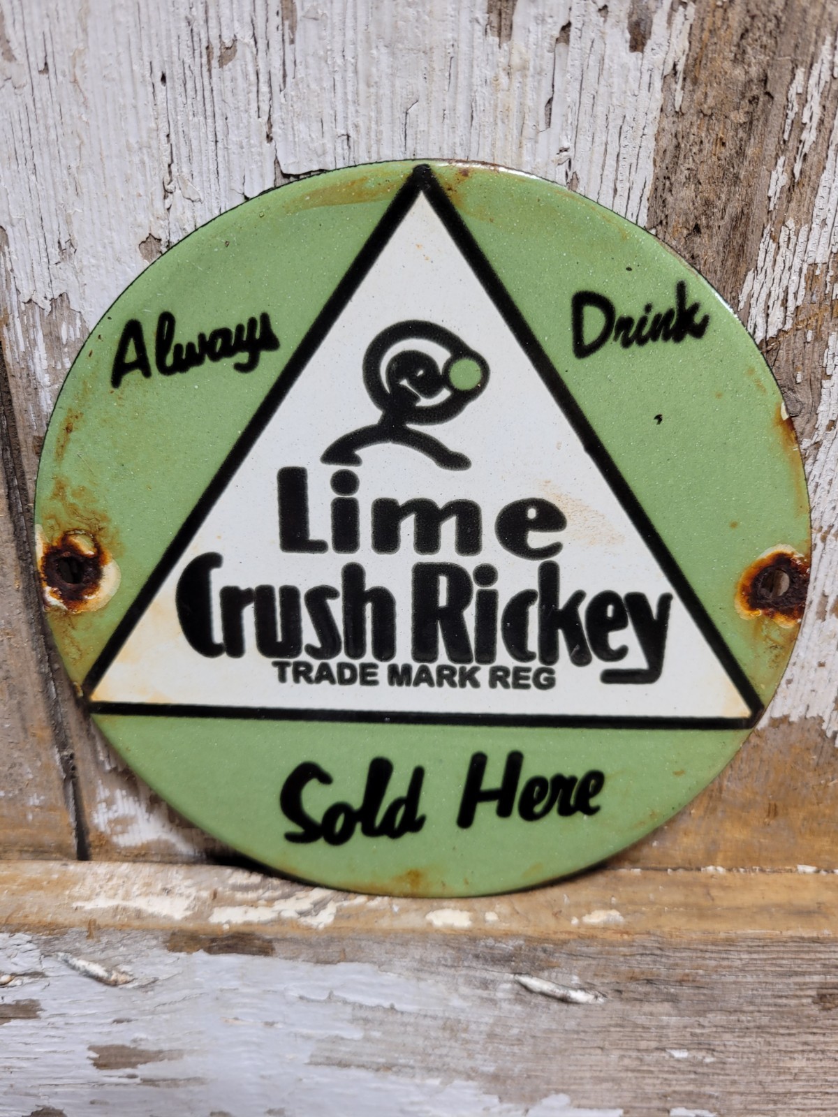 VINTAGE CRUSH PORCELAIN SIGN OLD LIME RICKEY SODA COLA POP BEVERAGE SOLD HERE