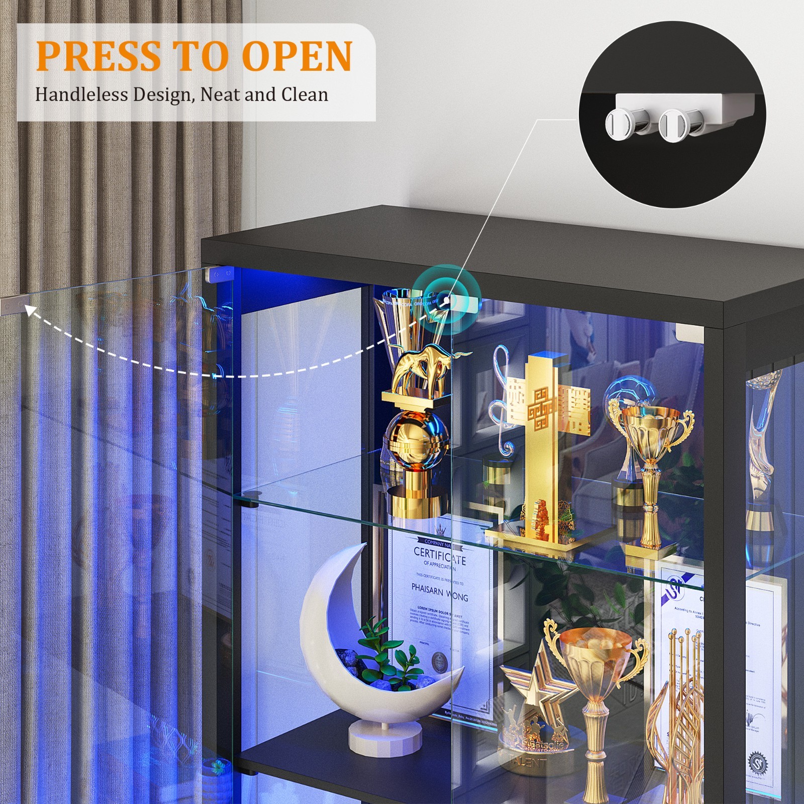 Display Cabinet with Adjustable Glass Shelves & LED RGB Lights for Collectibles