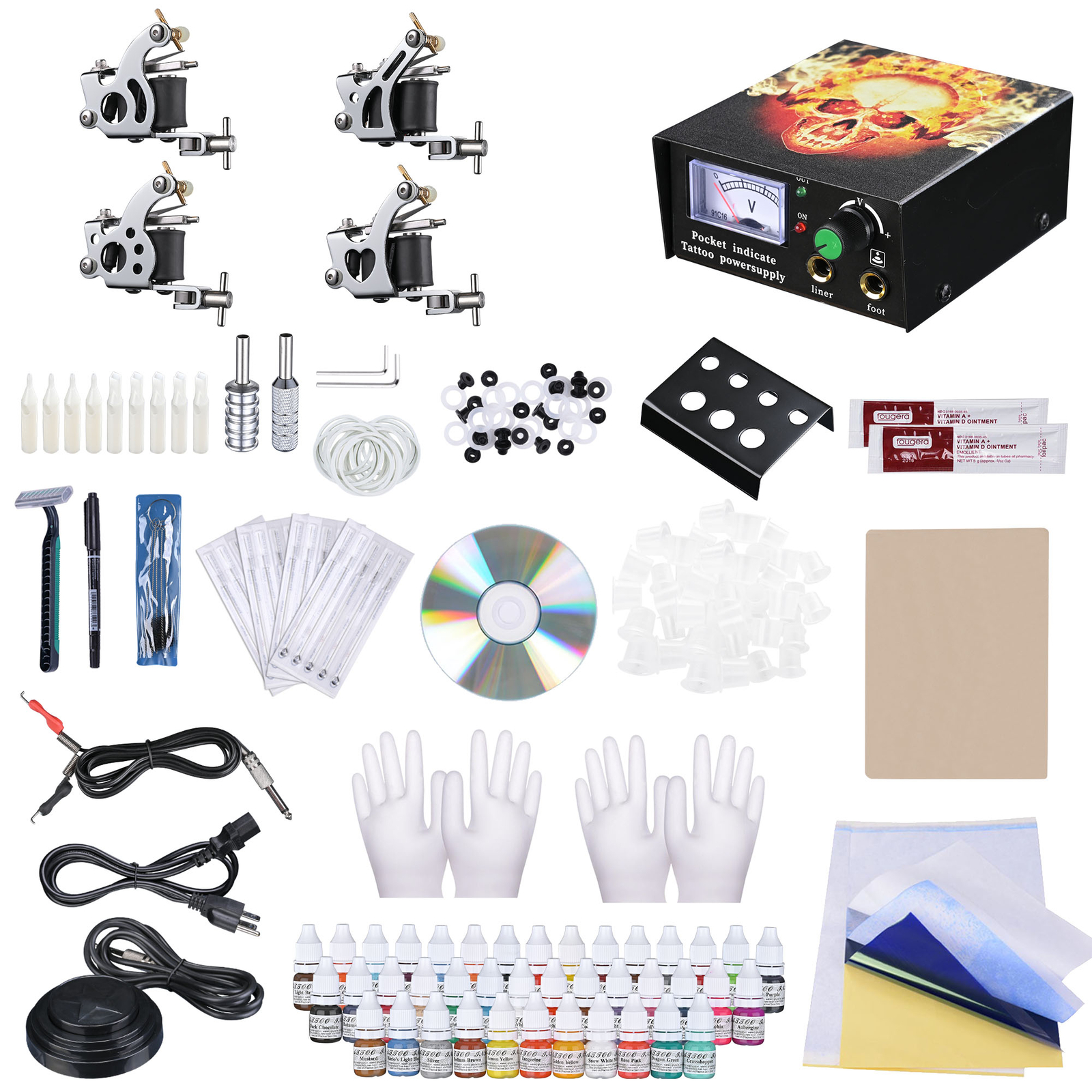 Complete Tattoo Gun Starter Kit 4 Machine 40 Inks Needles Grip Power Supply Tips