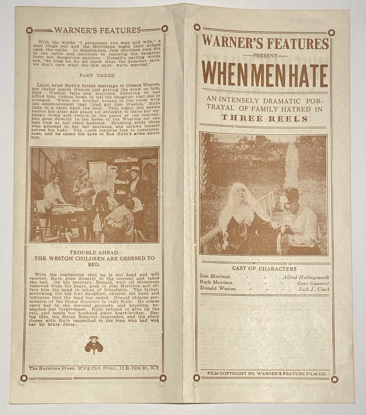 WHEN MEN HATE Rare 1913 Silent Film SIDNEY OLCOTT Movie Herald WARNER'S FEATURES