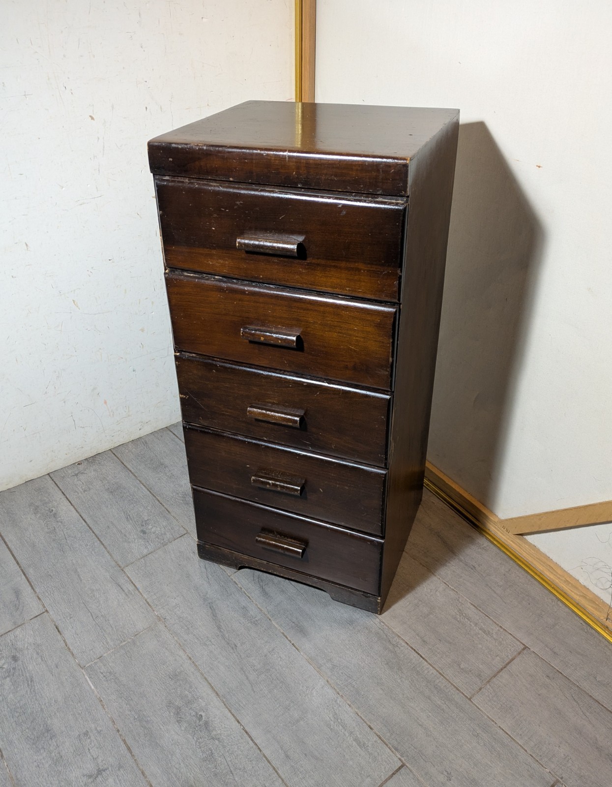 Vintage Art Deco Wood 5-Drawer Narrow Tallboy Dresser Lingerie Chest Cabinet N23