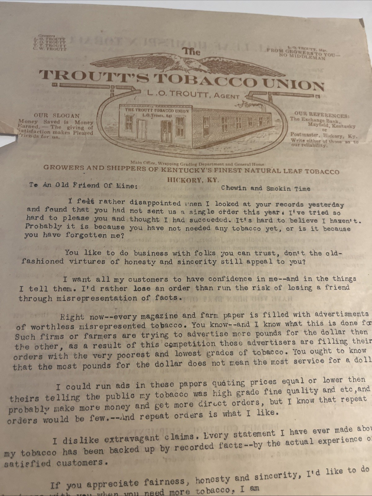 1920s letter from L.O. Troutt of Troutt's Tobacco Union To Long Lost Customer