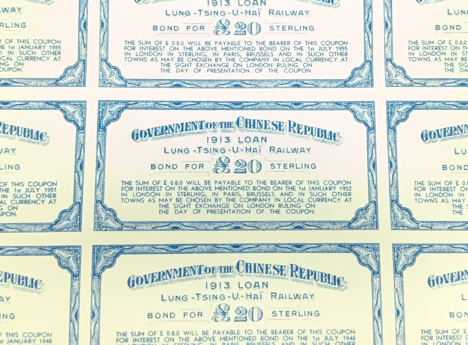 China 1913 Lung-Tsing-U-Hai Railway Bond Super Petchili 5% Gold Loan W/ COA