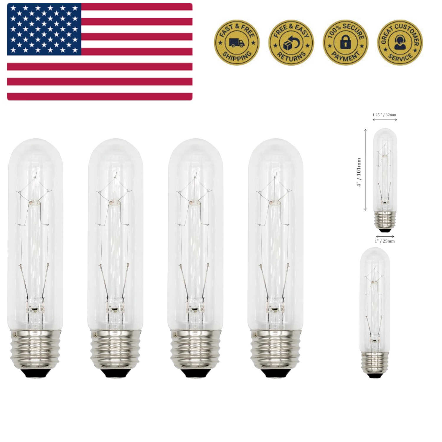 308 Pack of 4 25T10/CL - 25 Watt T10 Clear Tubular - 120V - Medium E26 Base -...