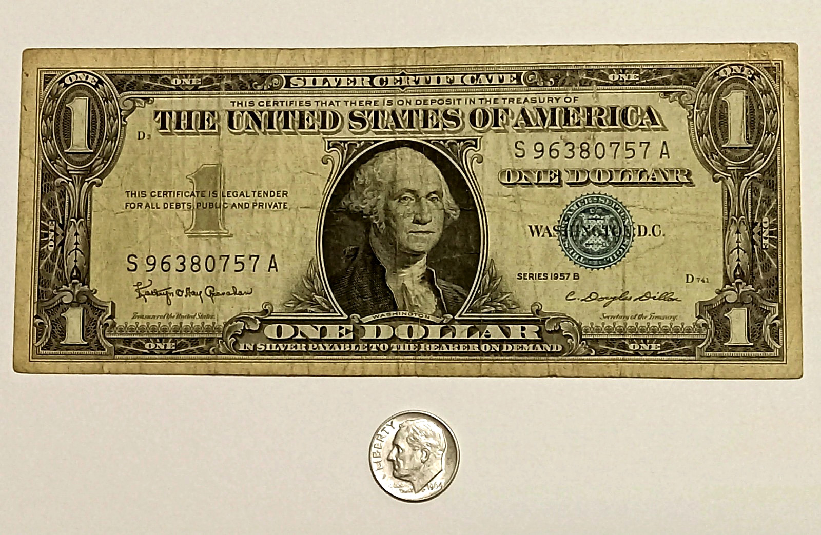 1964-D Roosevelt SILVER DIME & 1957B $1 Dollar Bill Silver Certificate USA