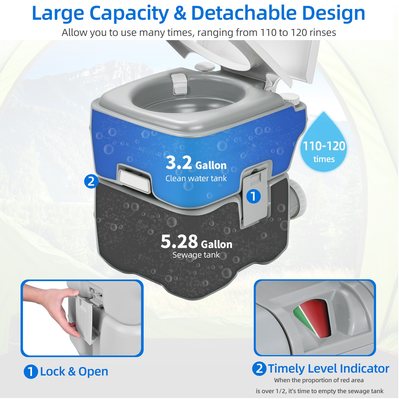 Portable Toilet 5.28 Gallon 20 L Siphon Jet Camping Commode Potty for Travel Car