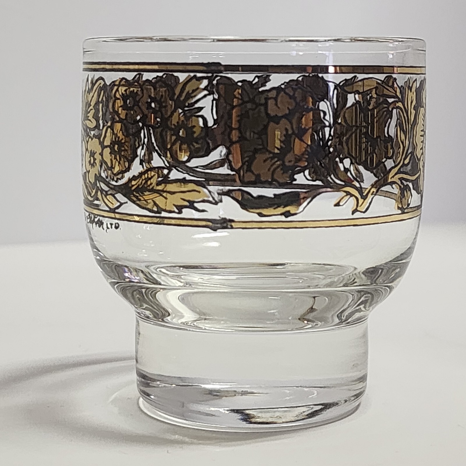 6 Early Culver Gold and Black Rare Chantilly Pattern Footed Cocktail Glasses 50s