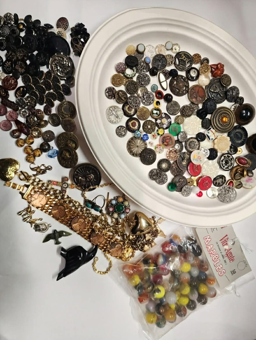 Junk Draw Lot , Antique Buttons , Marbles , Jewelry , Zuni