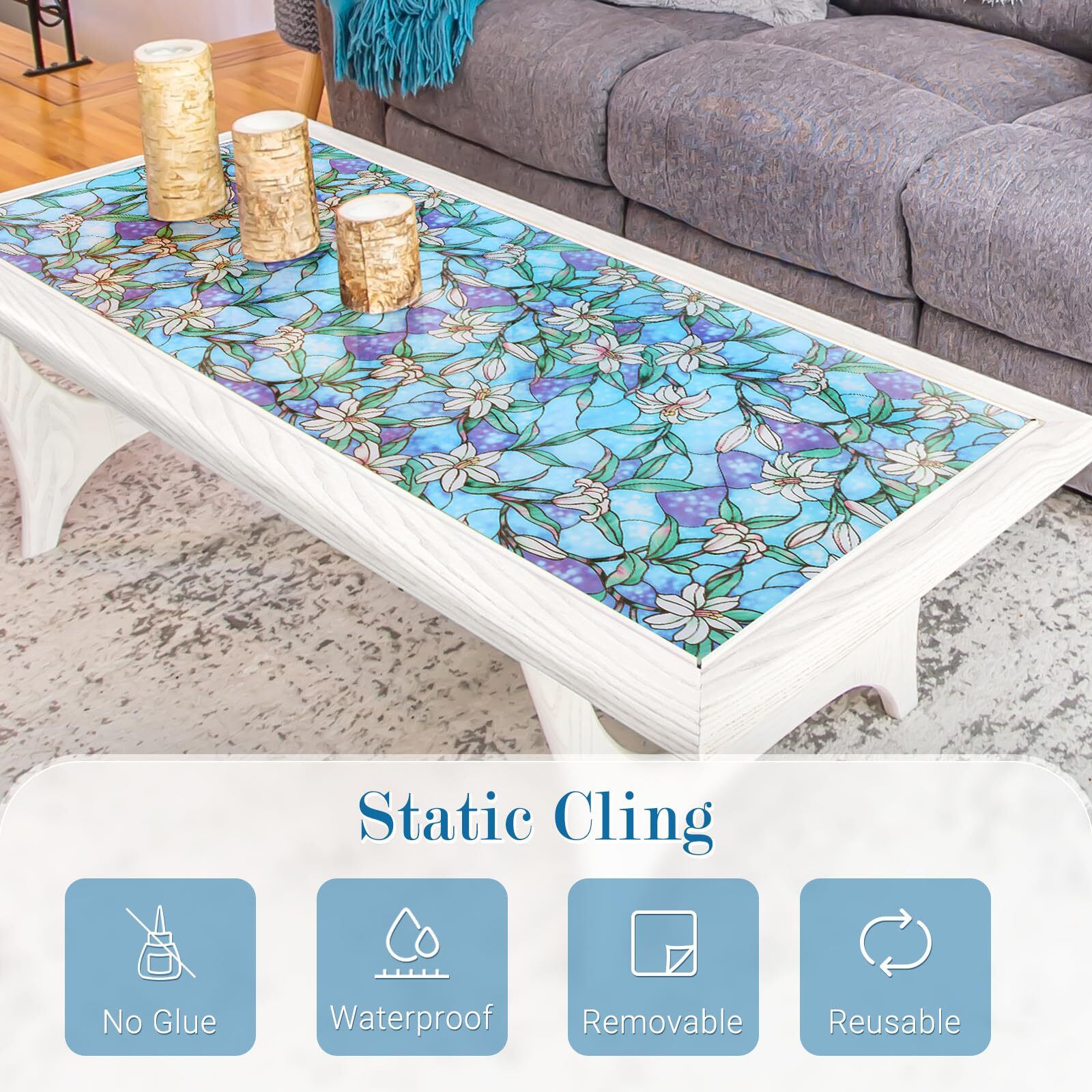 rabbitgoo Stained Glass Window Film Static Cling Blue Lily Decorative Film Door