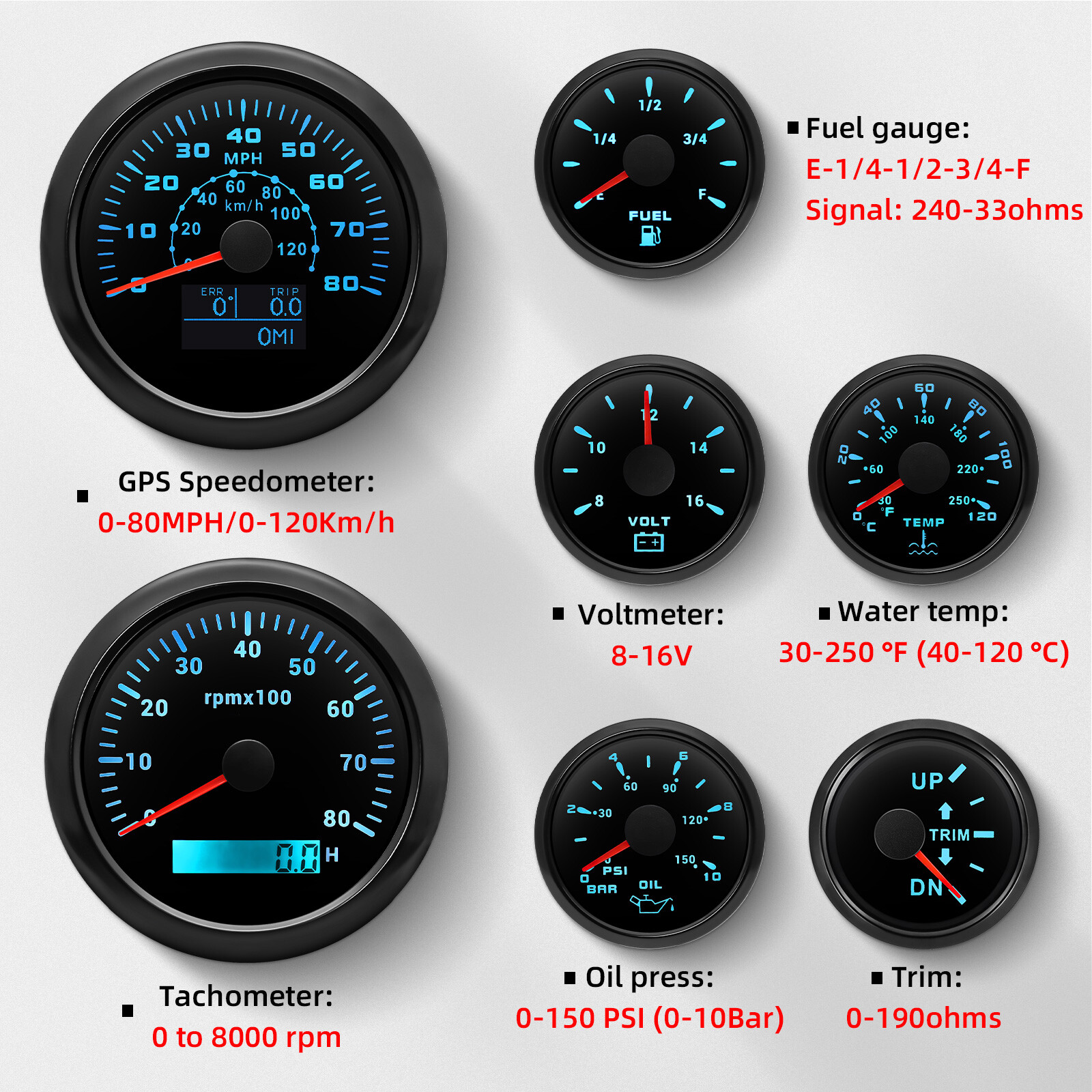 7 Gauge Set 85mm Boat GPS Speedometer 120km/h/80MPH Tachometer 8000RPM Gauge US