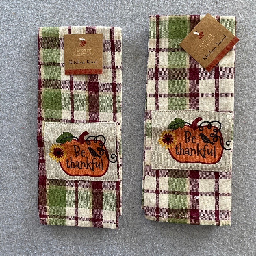 Fall Kitchen Towel Oven Mitt & Pot Holder Set of 4 Green Plaid Pumpkin NWT