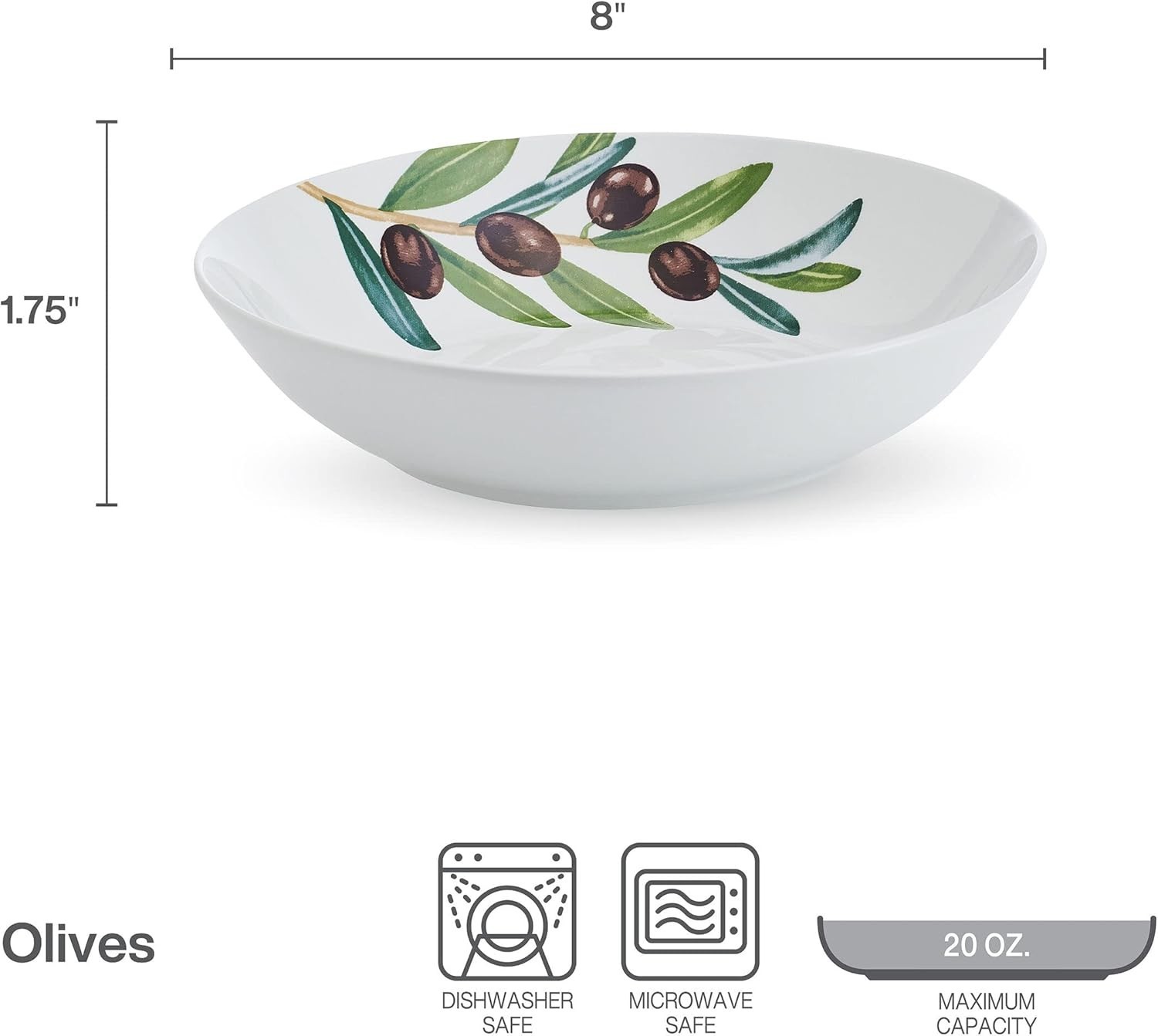 Olive Set of 4 Pasta Bowls, 8 Inch, 20 Ounce, White