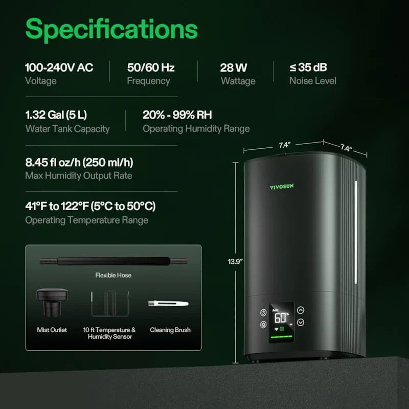 VIVOSUN AeroStream H05 Intelligent Wi-Fi Humidifier, 1.32 Gal / 5 L Humidifier