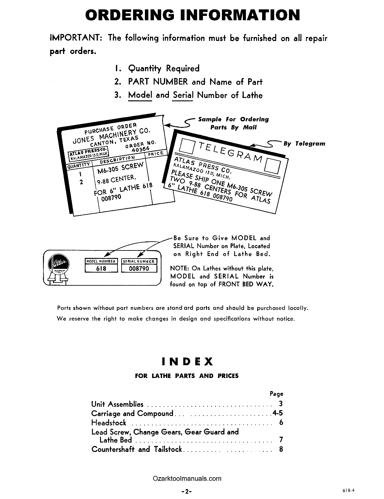 ATLAS/CRAFTSMAN 6" Metal Lathe NO. 618 Owner Instructions & Parts Manual 0051