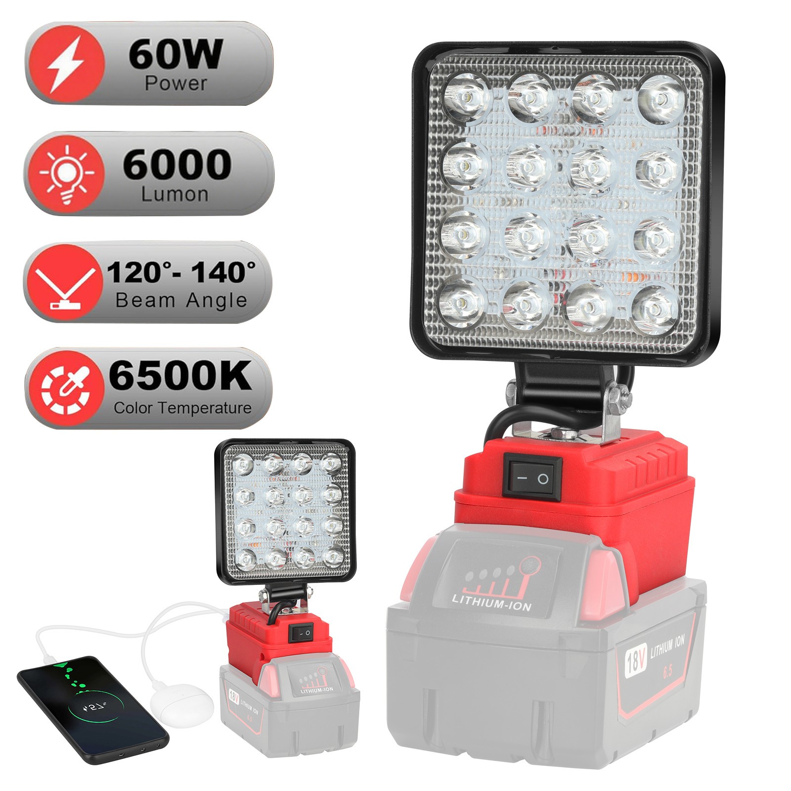 60W LED Work Light for Milwaukee M--18 18V Battery w/USB Cordless Outdoor