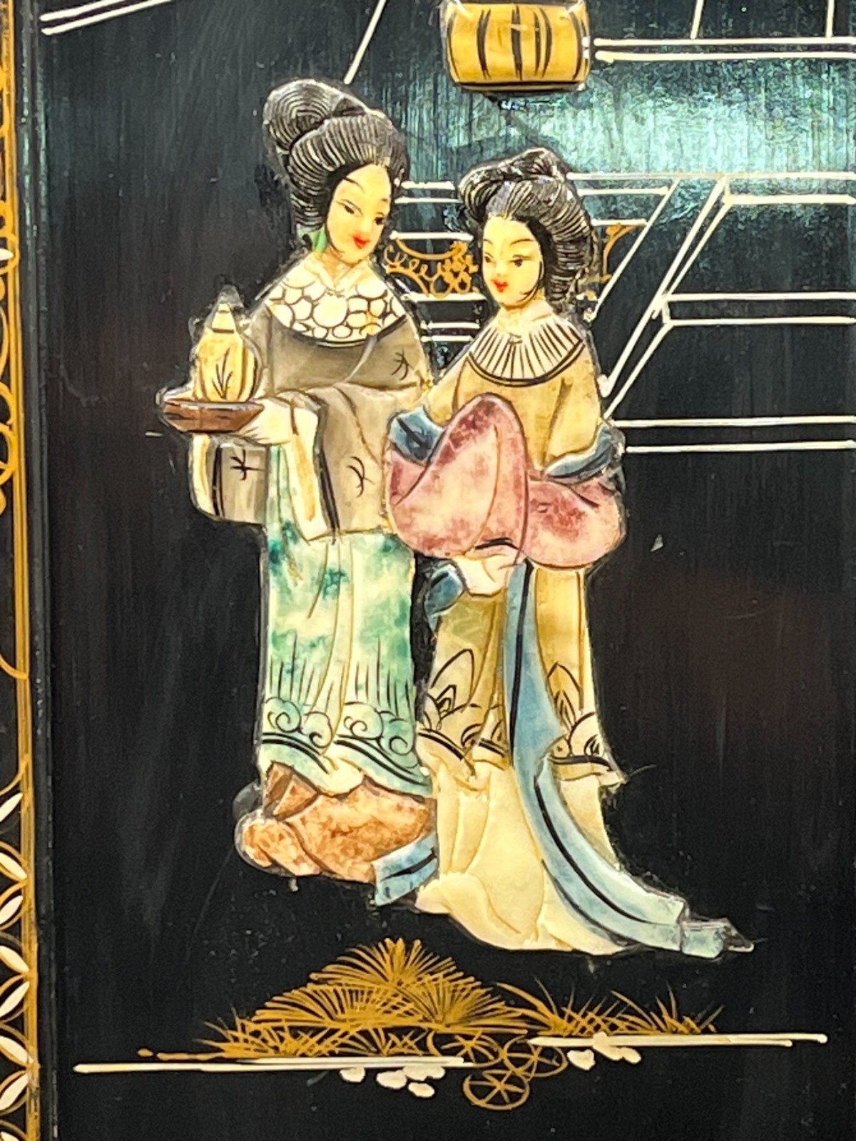 Vintage Chinese Black Lacquer Wall Panel Mother of Pearl Inlay & Stone Art