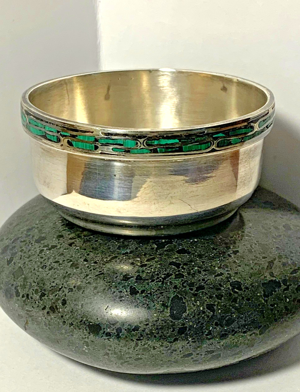 Vintage Sterling Silver Bowl Dish with Inlay Malachite Stone Mid Century Modern