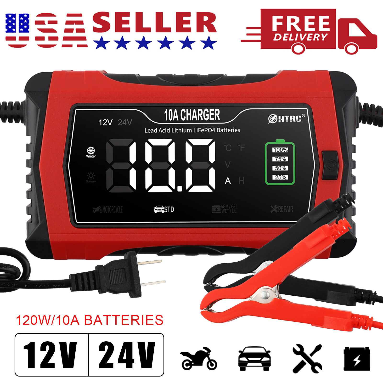 12V 24V 10 Amp Car Smart Battery Charger for LiFePO4 Lithium Lead-Acid AGM GEL