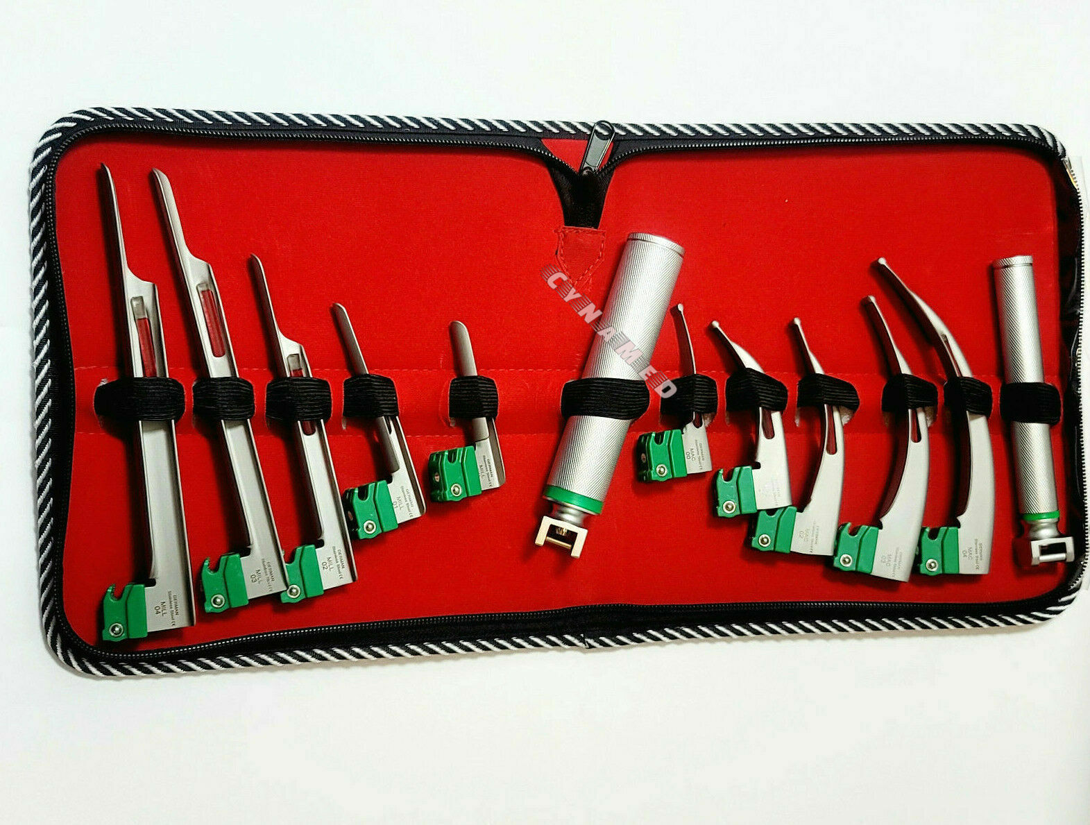 SET OF 10 FIBER OPTIC MAC & MILLER LARYNGOSCOPE BLADE+2 HANDLE INTUBATON kit