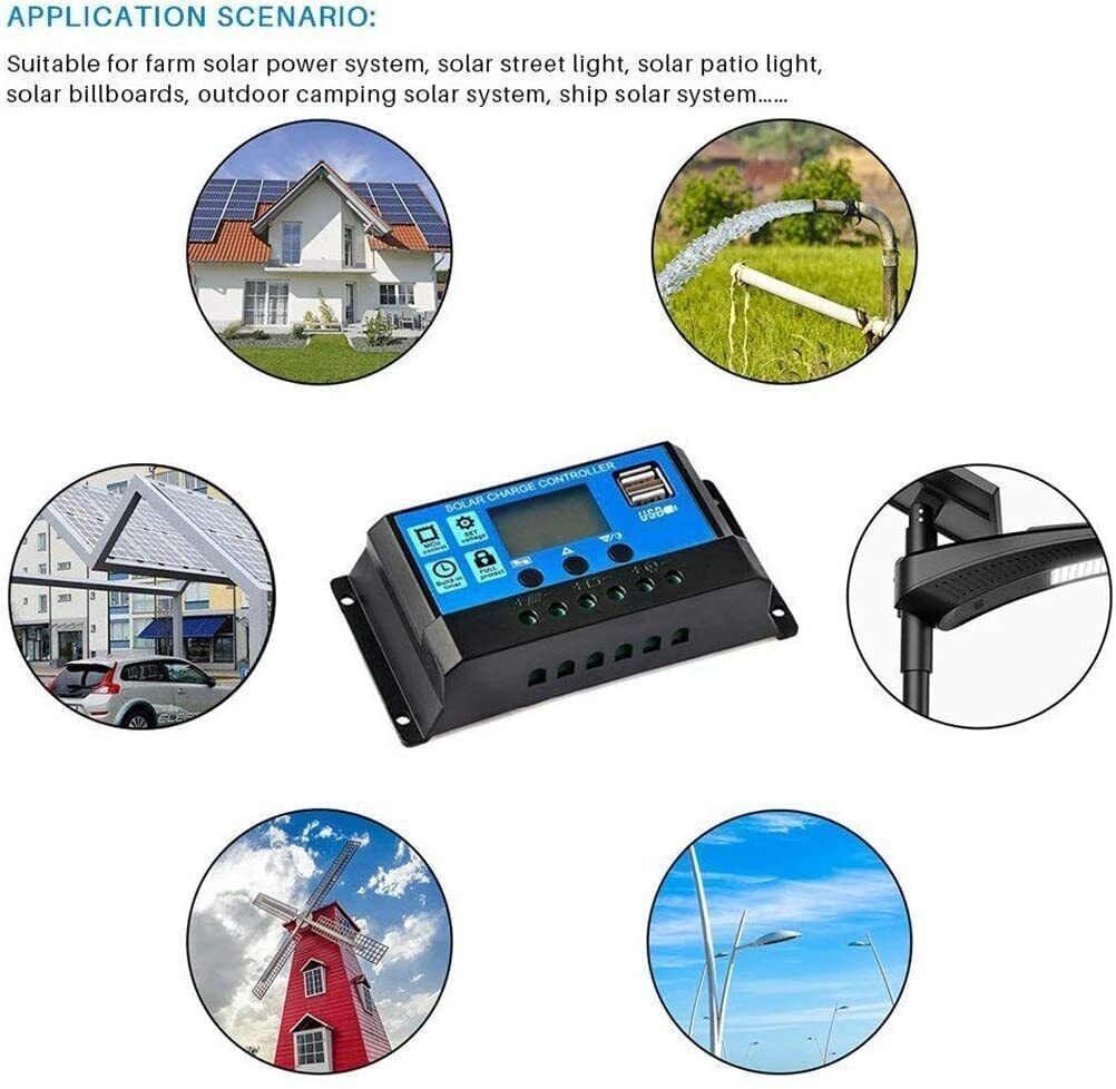 30A 12V/24V Solar Panel Battery Charge Controller LCD Auto Regulator Dual USB US
