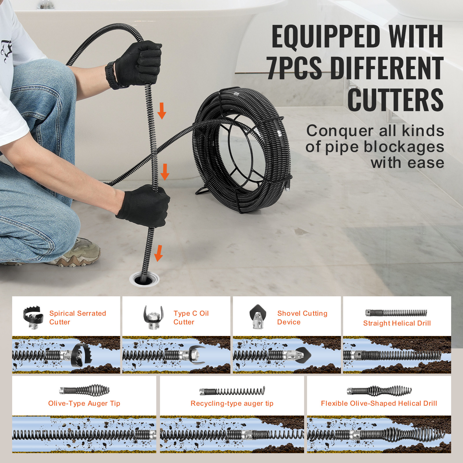 VEVOR Sectional Drain Cleaning Cable 66FTx5/8In & 7 Cutters for 0.8"-3.9" Pipes