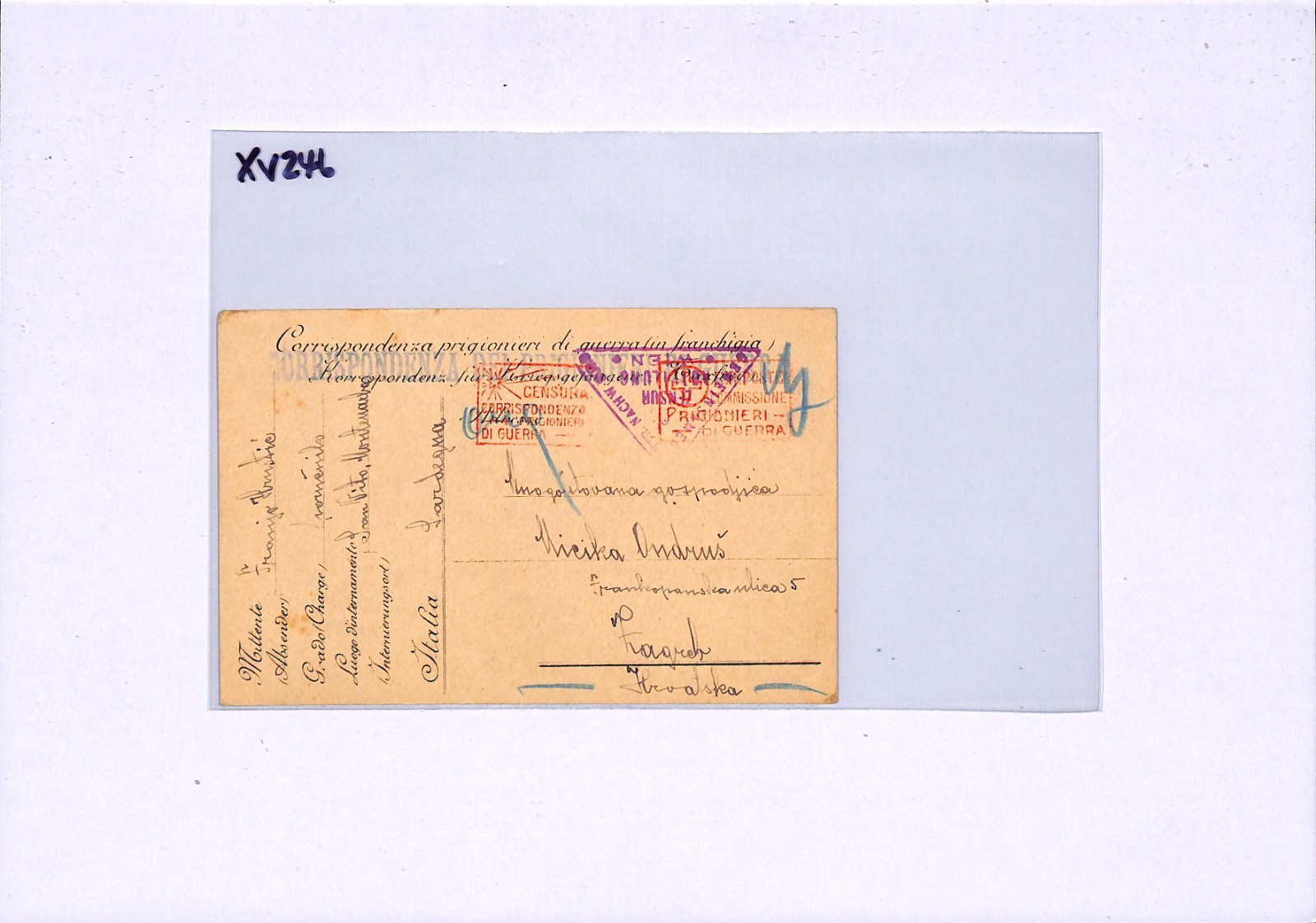 ITALY/CROATIA WW1 POW MAIL Card CENSOR Zagreb San Vito SARDINIA 1916 XV246