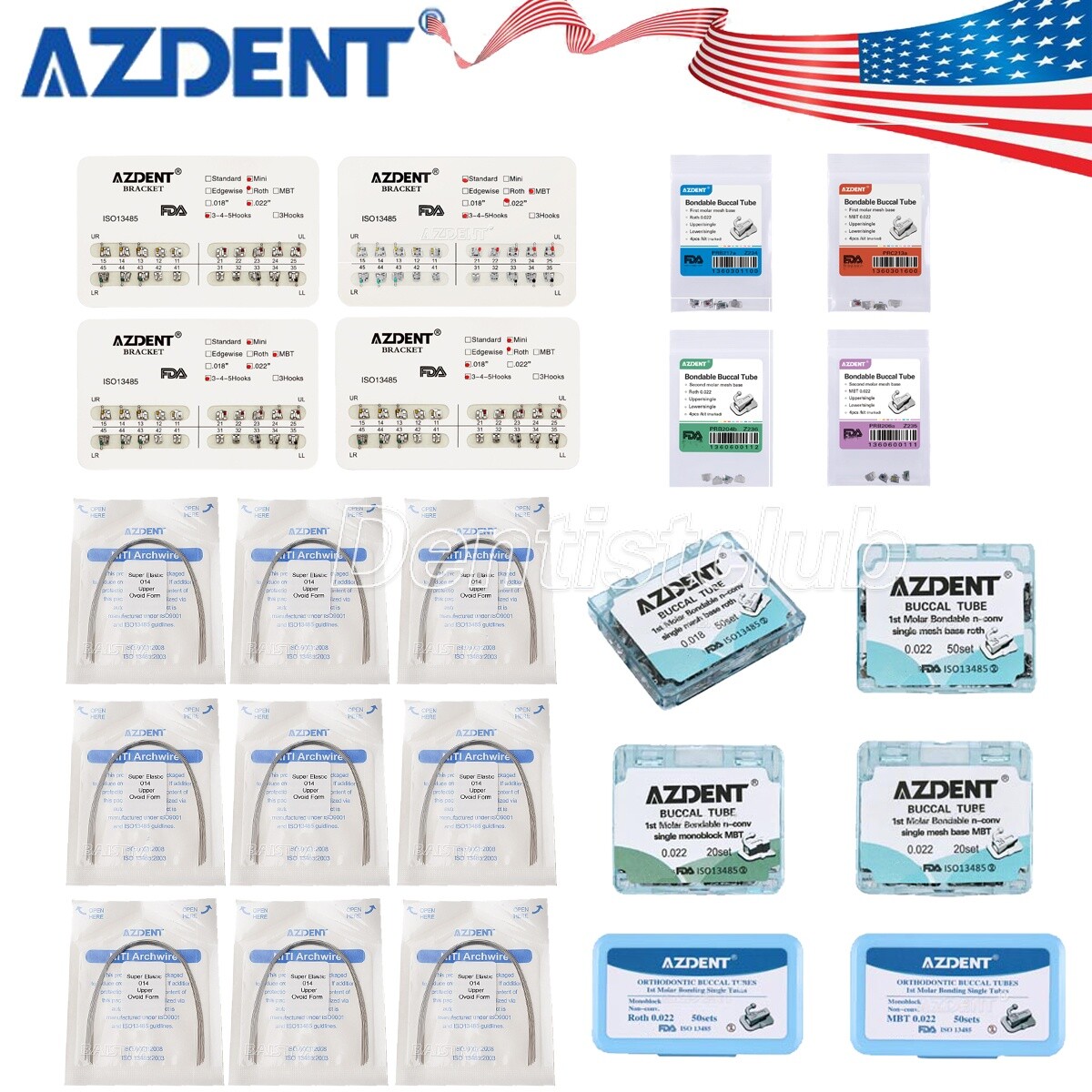 AZDENT Dental Ortho Braces Brackets Mini Roth.022 Hook 345/Arch Wire/Buccal Tube