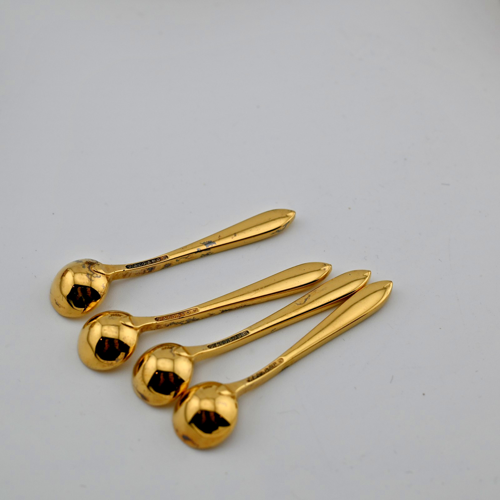 RARE 4 Tiffany & Co Sterling Silver Gilt Salt Cellars & Spoons Mexico 7.55ozt