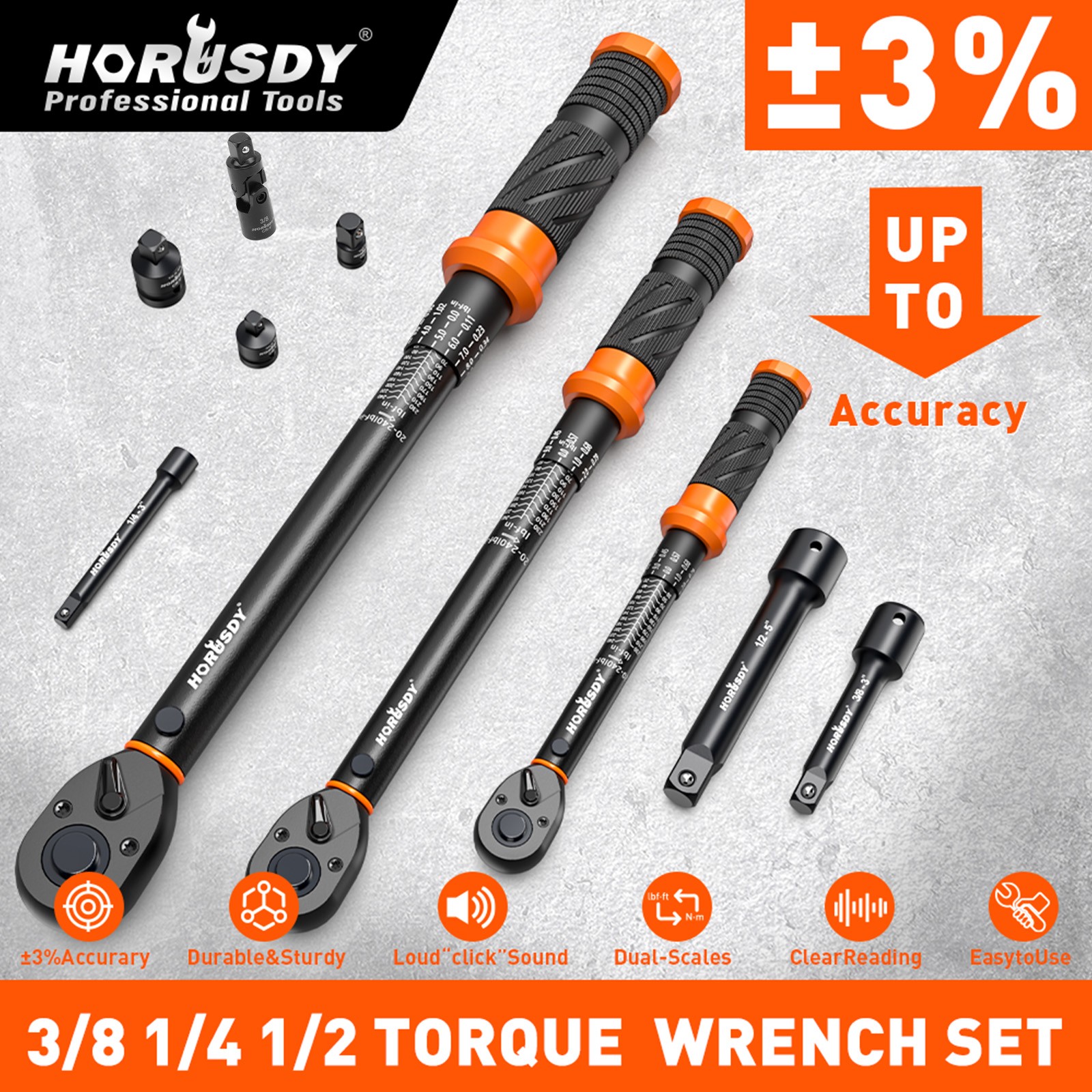 Torque Wrench Adjustable Torque Wrench 1/2" & 3/8" & 1/4" Drive Reversible Cr-V