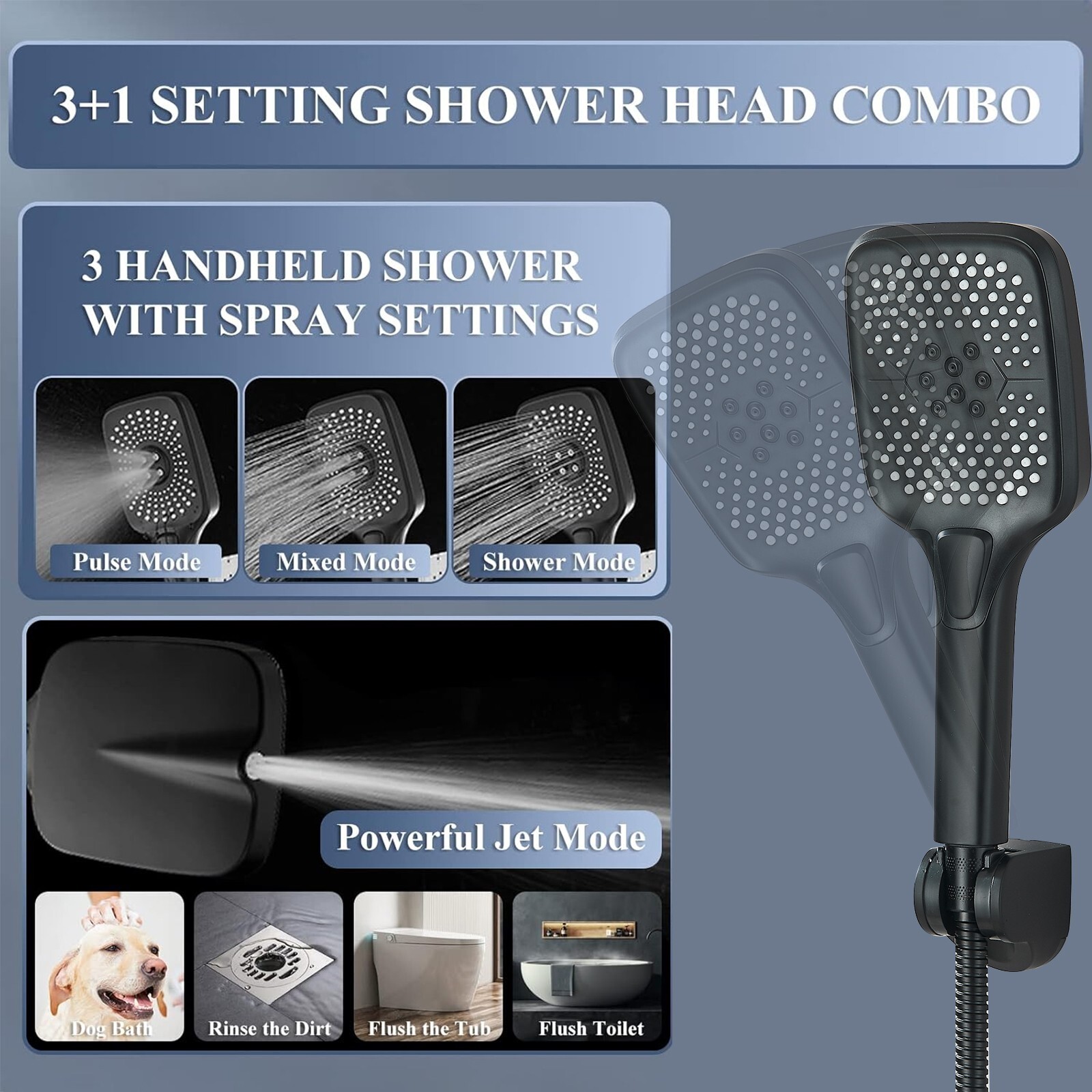 Black Rain Shower Head with Handheld Spray Set High Pressure 16" Adjustable Arm