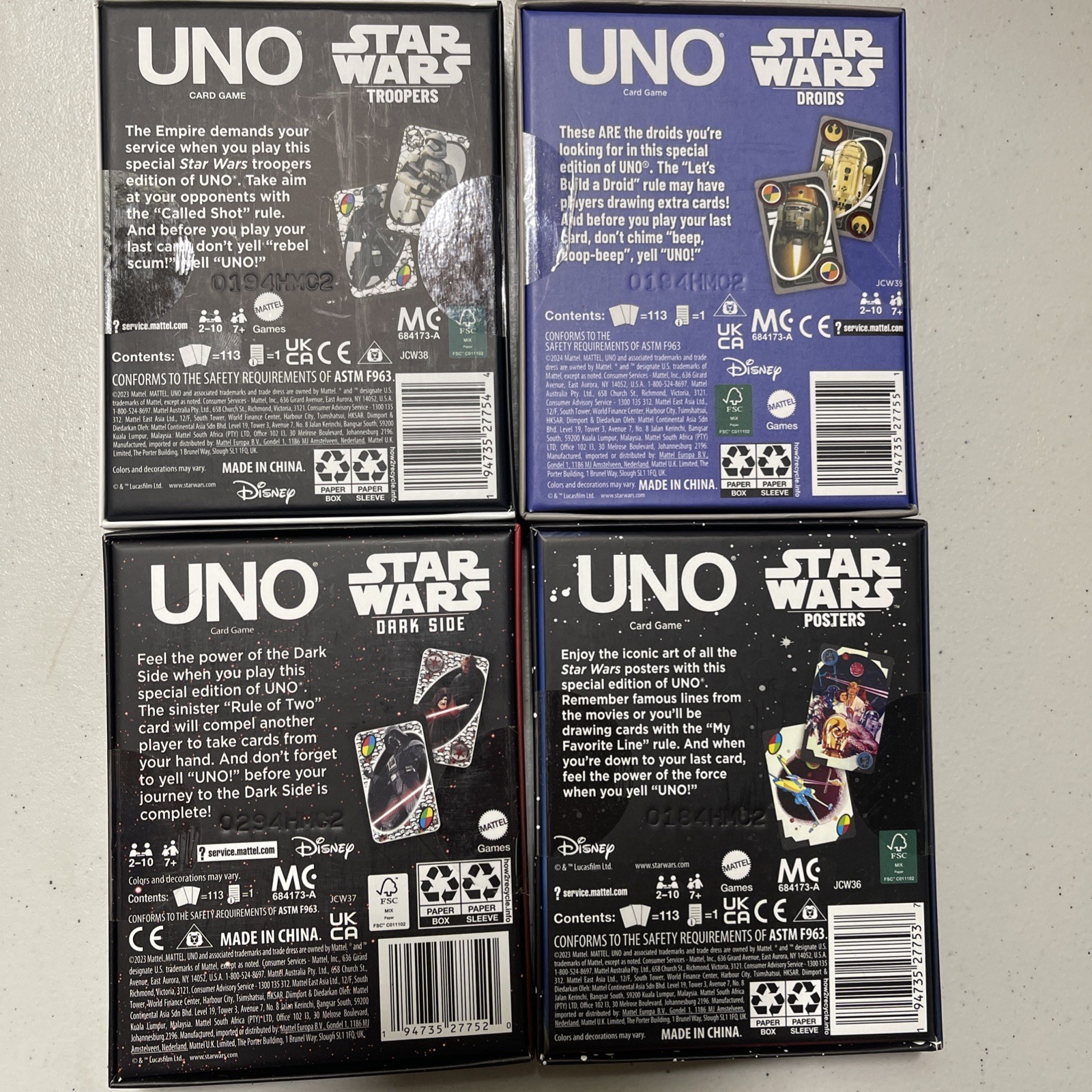 Disney Star Wars UNO Fandom Game- Posters, Troopers, DarkSide, & Droids Set of 4