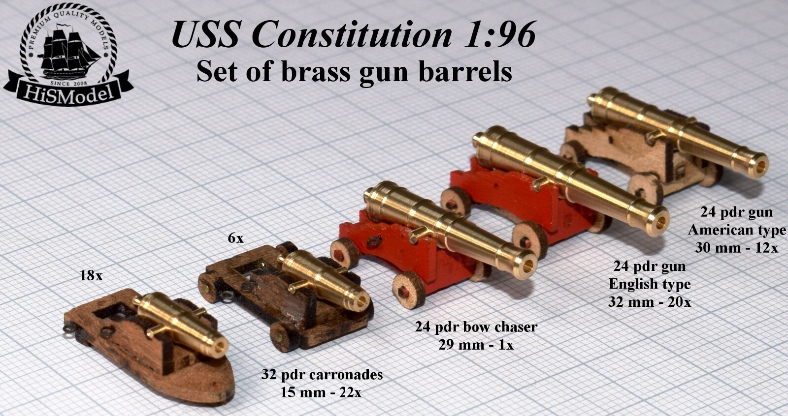 Revell USS Constitution, United States 1:96 - complete set of 53 brass cannons