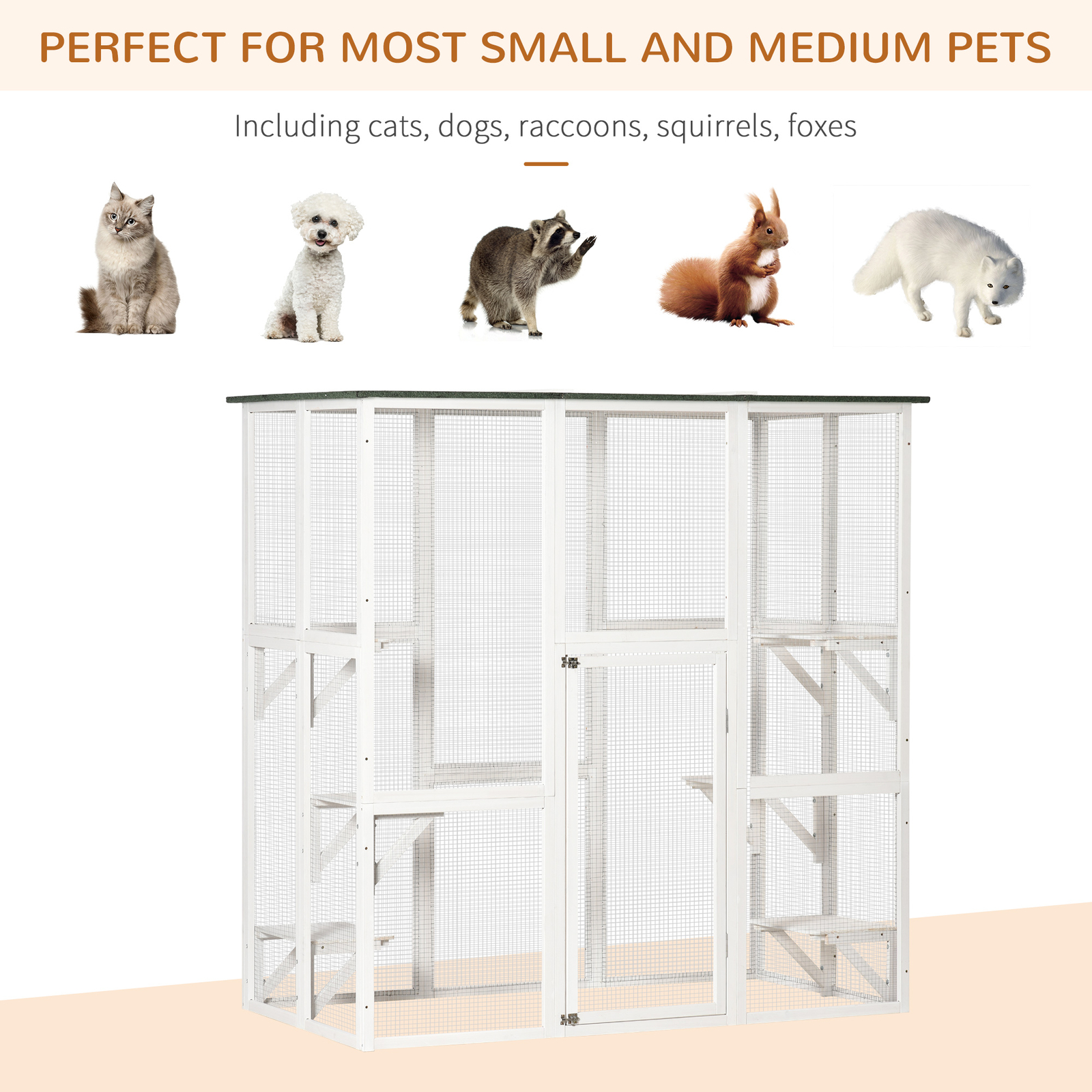 Outdoor Cat House with Weather Protection, Multiple High Ledges, 71" L, White