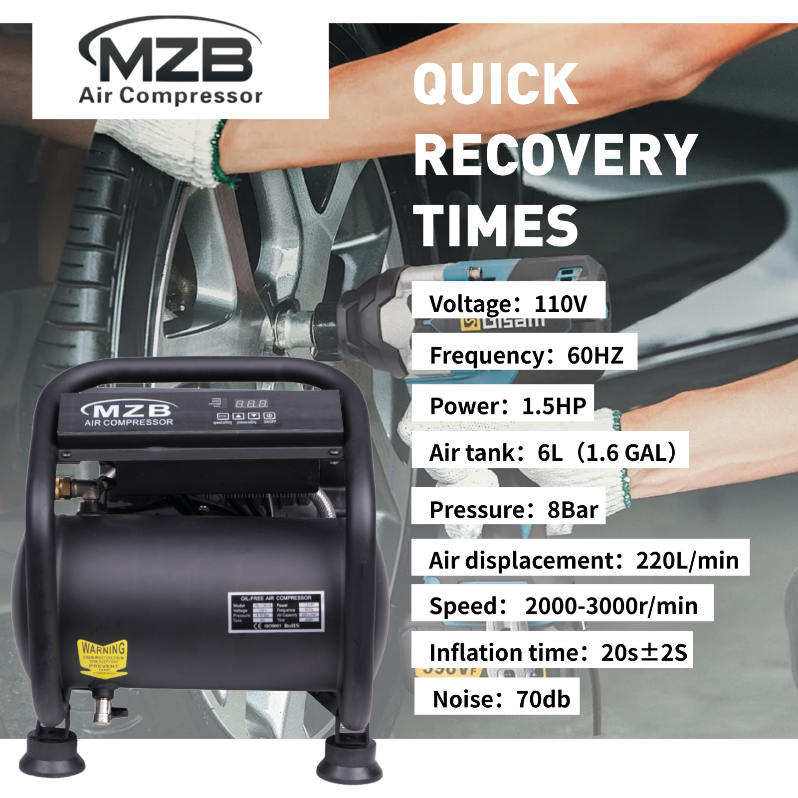 Ultra Quiet 1.1KW Air Compressor 110V 60HZ, 6L Tank 4-9 Bar Quick Pressurization