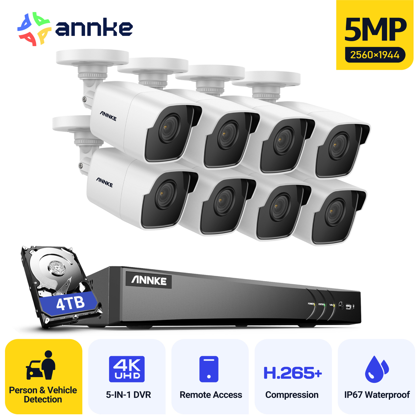 ANNKE 4K 8CH DVR 5MP Security Camera System Outdoor Human Vehicle Detection IP67