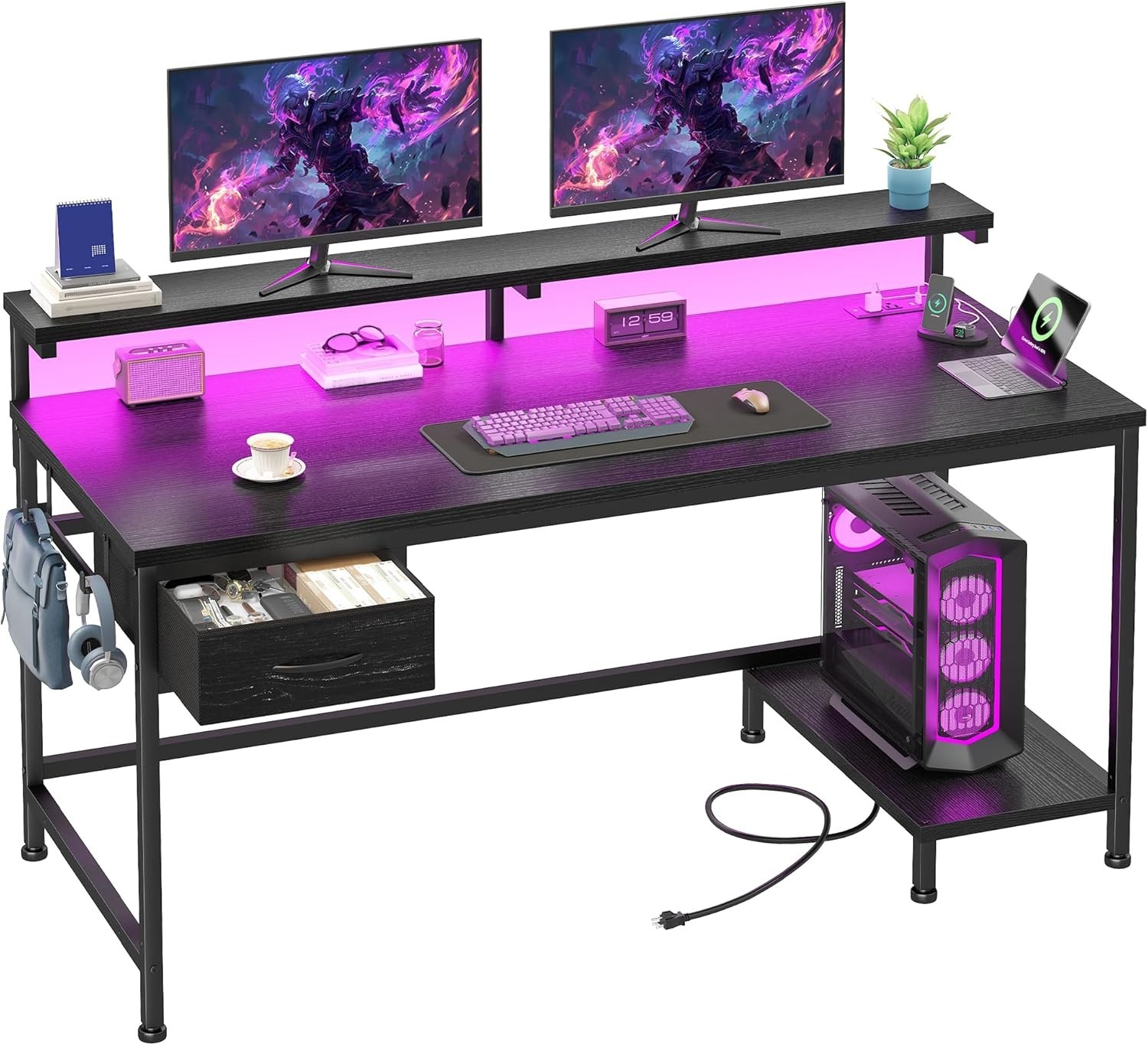 39.3Inch Office Desk with Power Outlet & Drawer, Gaming Desk with CPU Stand& LED