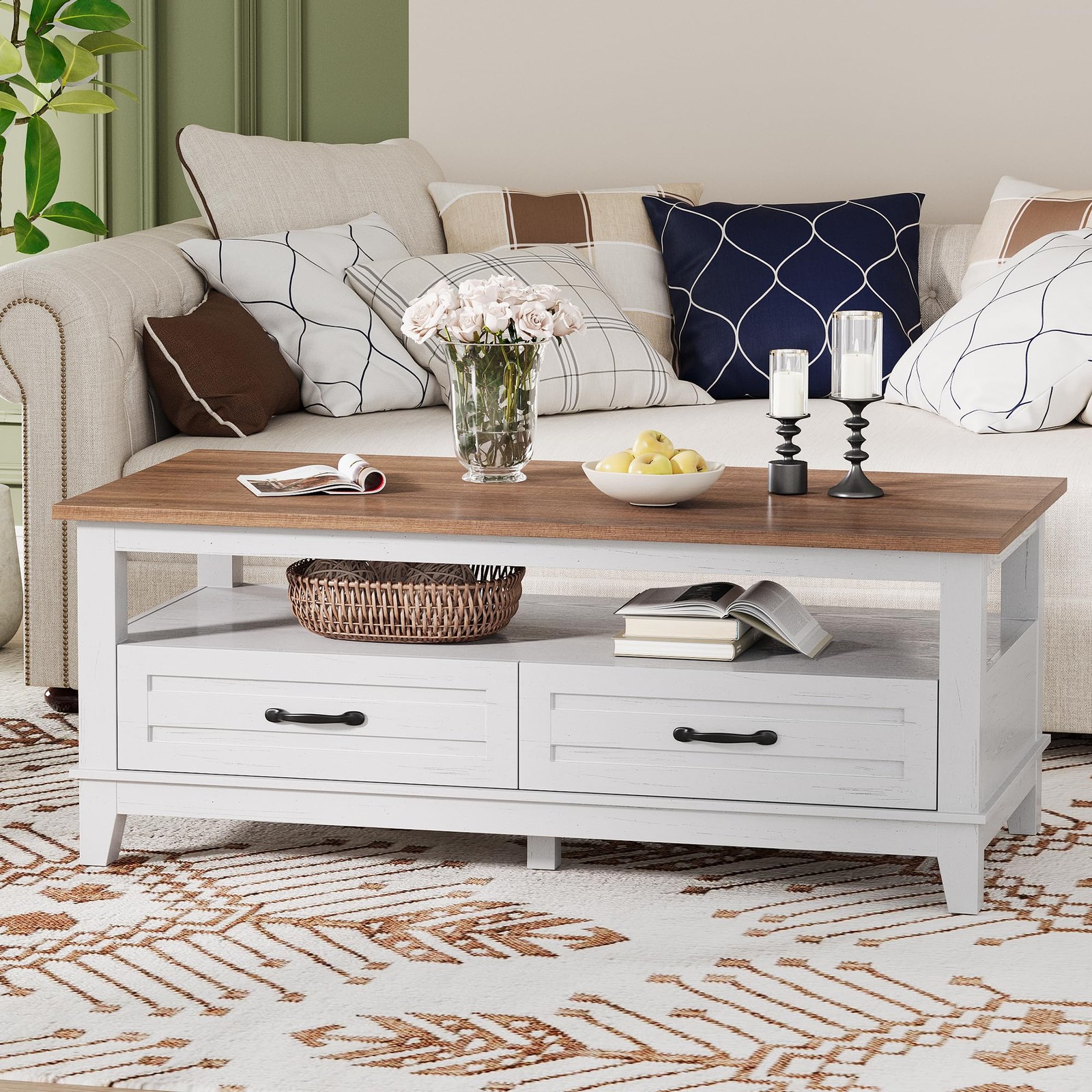 GRAVEE 47" Farmhouse Coffee Table with 2 Drawers Wood Center Storage Shelf