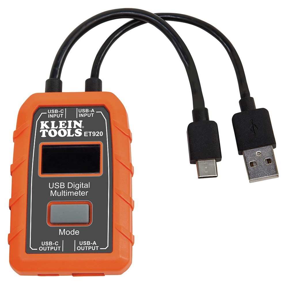 Klein Tools ET920 3V-20V DC 0.05A-3A 1000 Hours USB-A & USB-C Digital Meter New