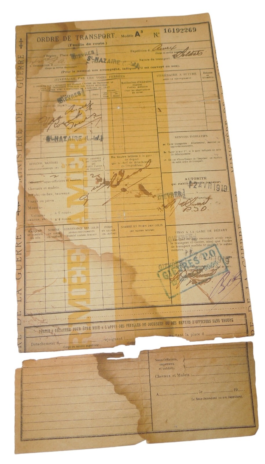 WWI French Ministry of War Transport Order Document to St. Nazaire Z34