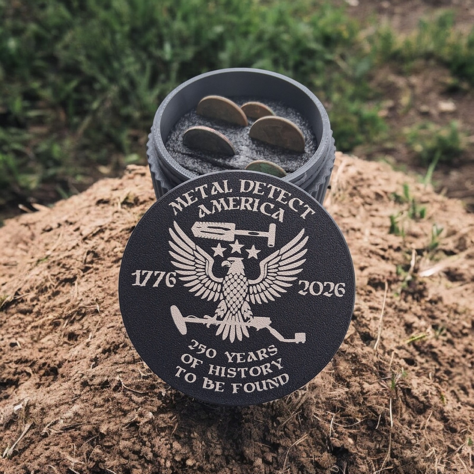 Metal Detecting Finds Box Coin & Ring Storage Jar America 250th Anniversary