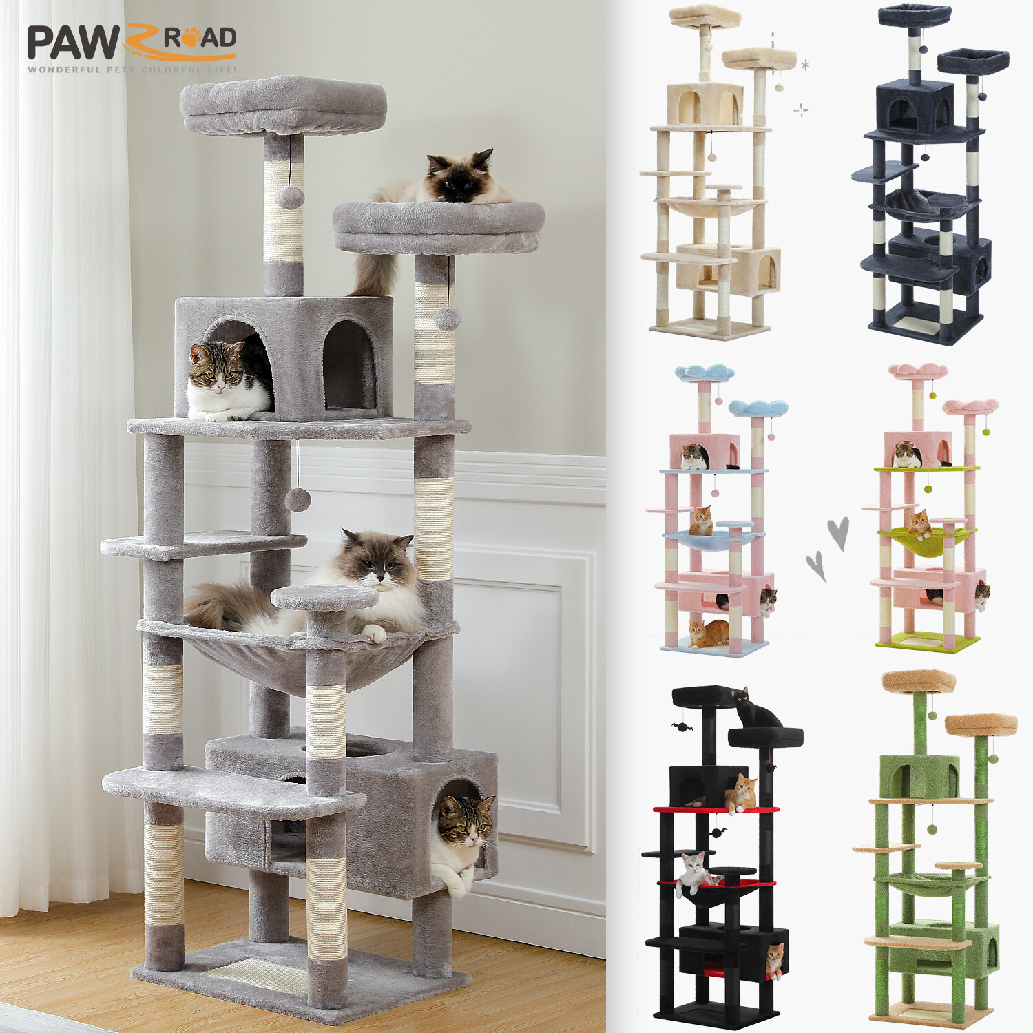 PAWZ Road Cat Tree for Indoor Cat with Scratching Post Toy 81"/72.4"/64.5"/53.5"