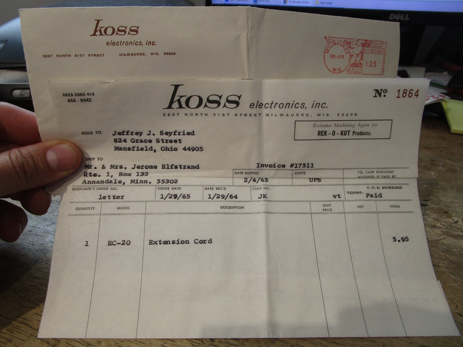 1965 Milwaukee Wisconsin Koss Electronics Receipt Bill Invoice to Annandale MN