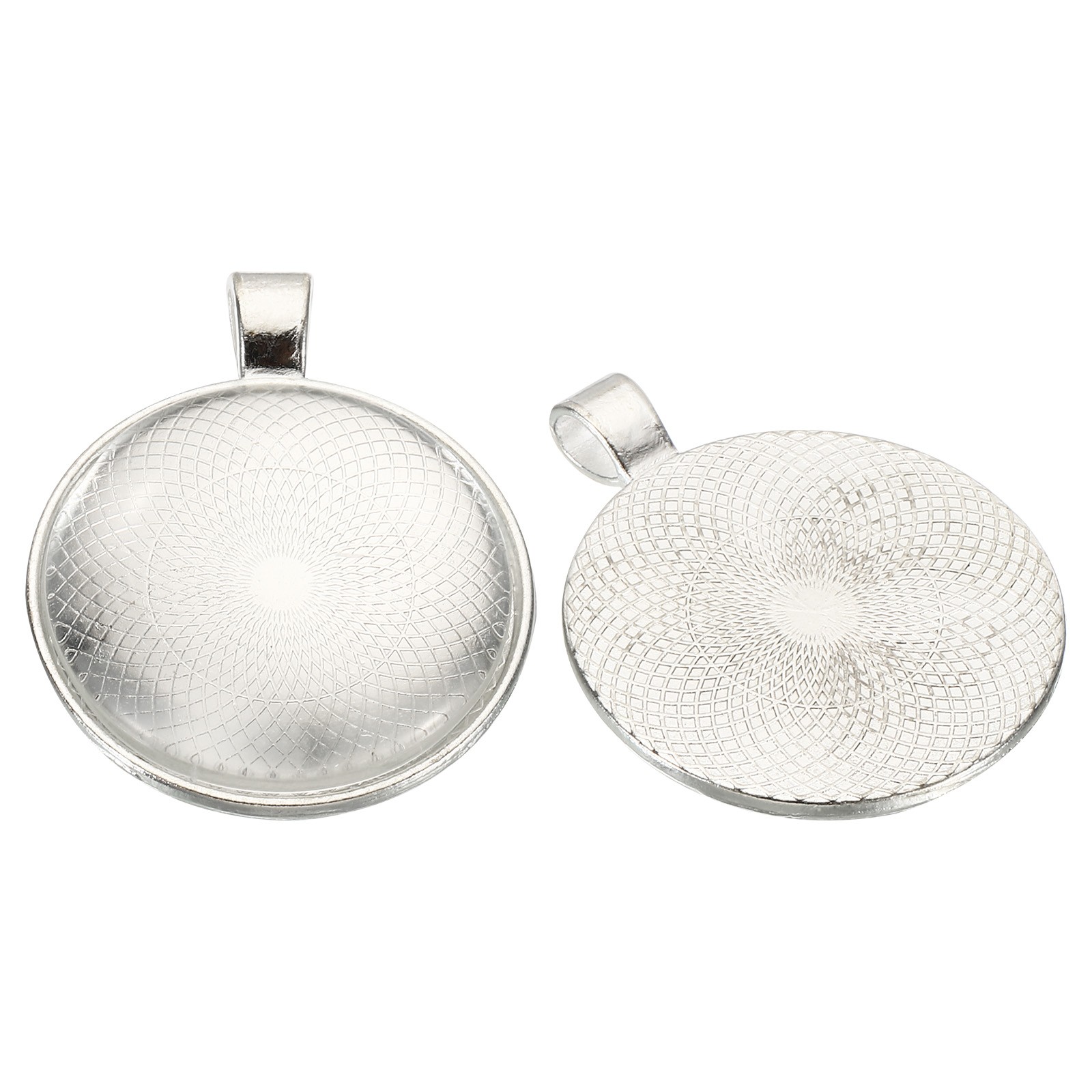 30 Sets Pendant Trays with Glass Cabochons 30mm Round Bezel Trays Silver White