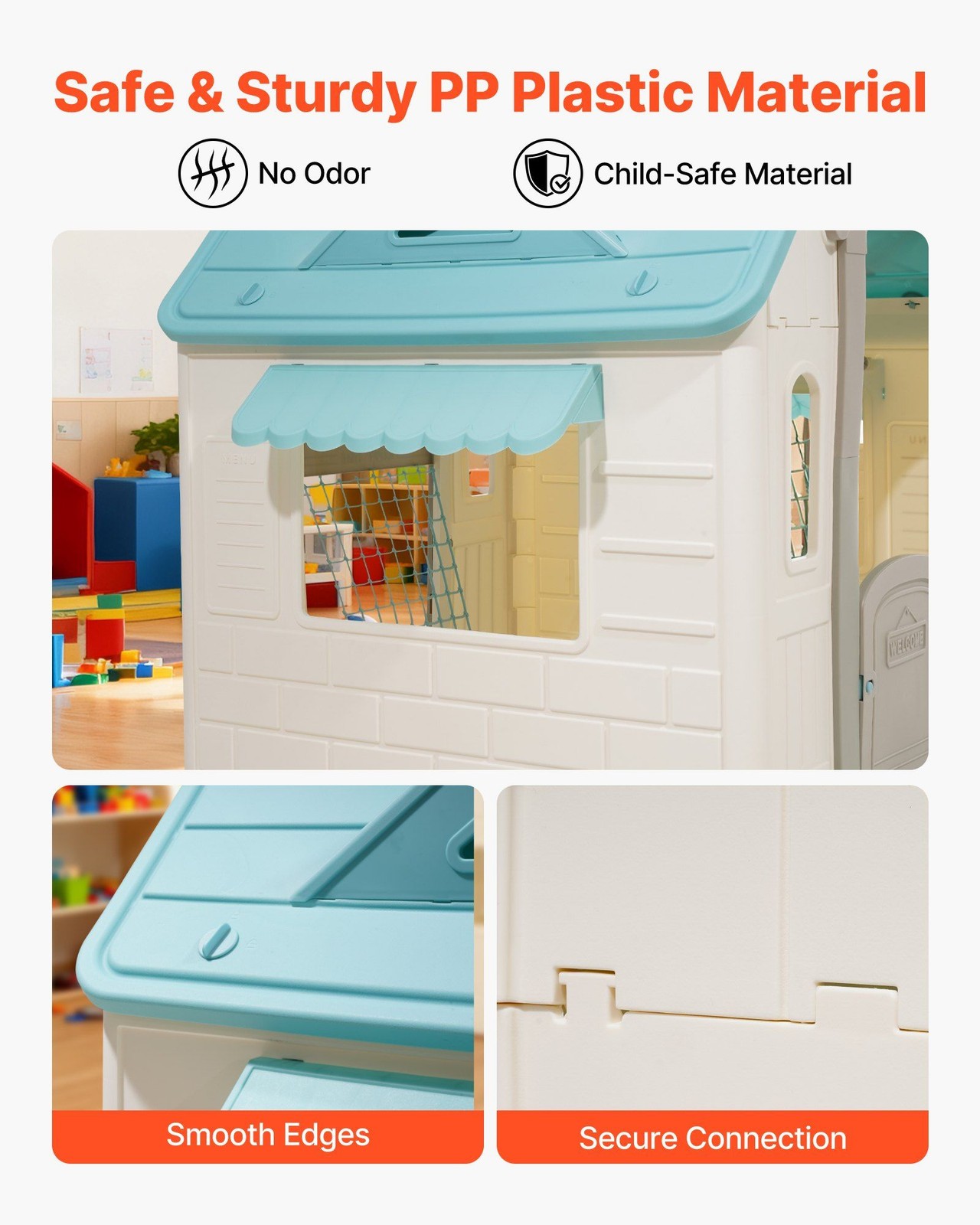 Outdoor Playhouse, 5-In-1 Cottage Play House with Pretend Play, Basketball