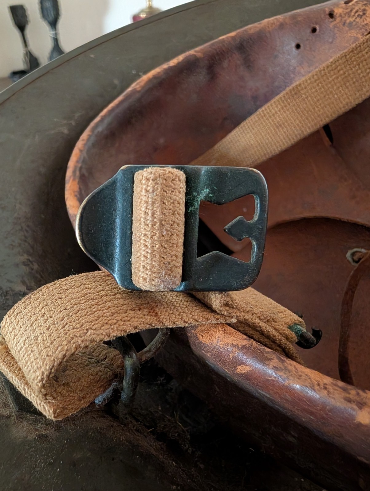 WW2 M1917A1 KELLY Helmet with Leather Liner Chin Strap Skull Pad 1930s 8C