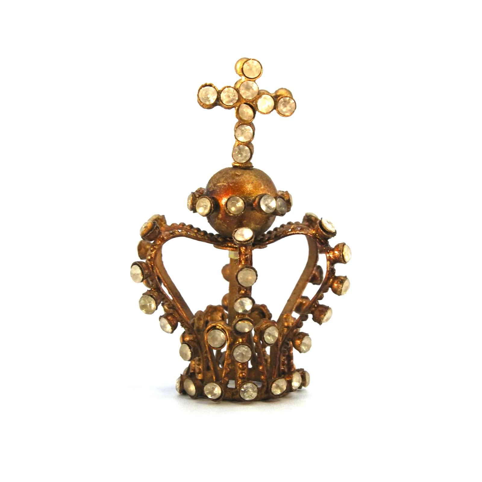 1in Tiny Jeweled Santos Kings Crown, Ornate Antiqued Gold Rhinestone Orb and Cro
