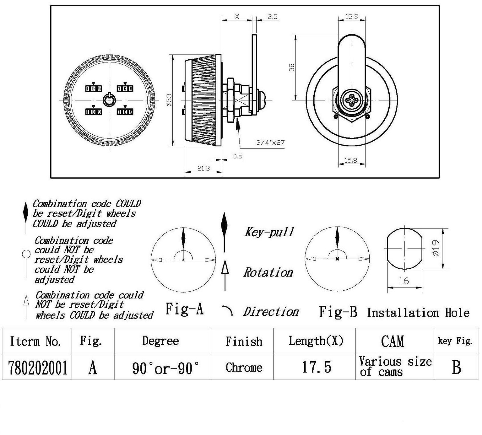 Combi-Cam 7802S 4-Dial Combination Cabinet Lock With 5/8” Cylinder and keys KD