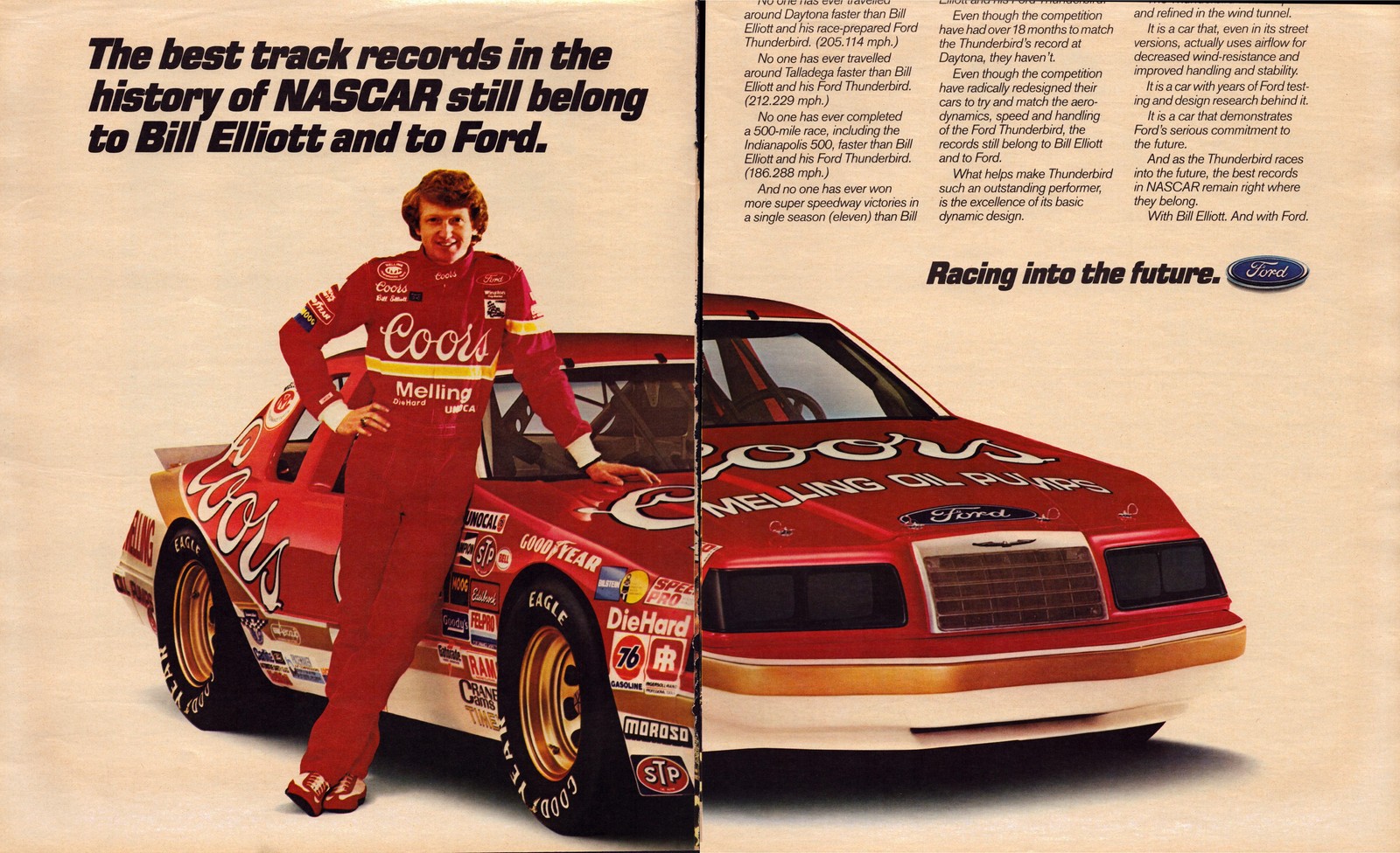 1980s Ford Thunderbird NASCAR Bill Elliott Coors Melling Vintage Print Ad Racing