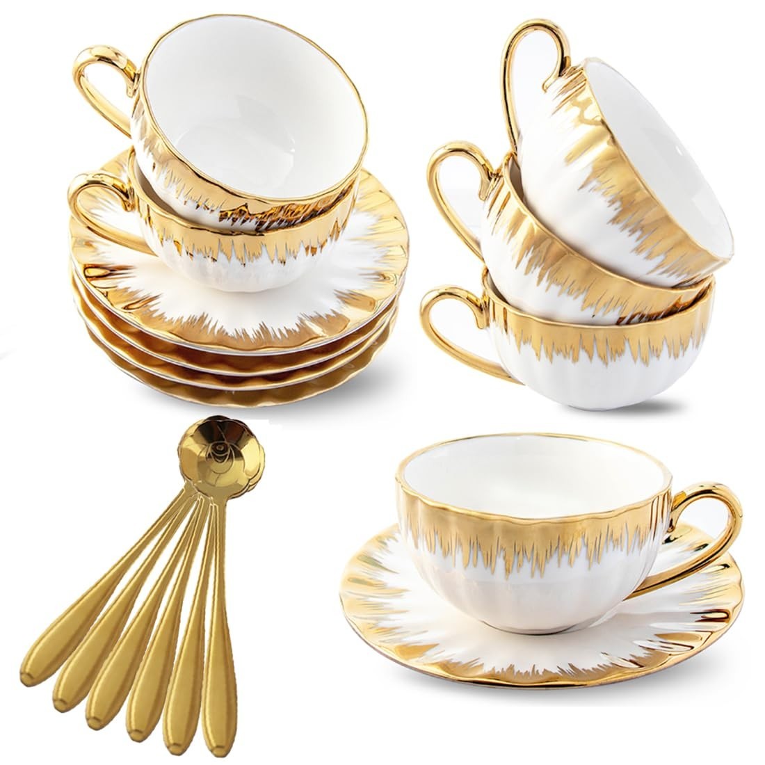 6pcs Luxury Ornate Gold Rim Ceramic Coffee Cup & Saucer Set with Spoons Gift Set