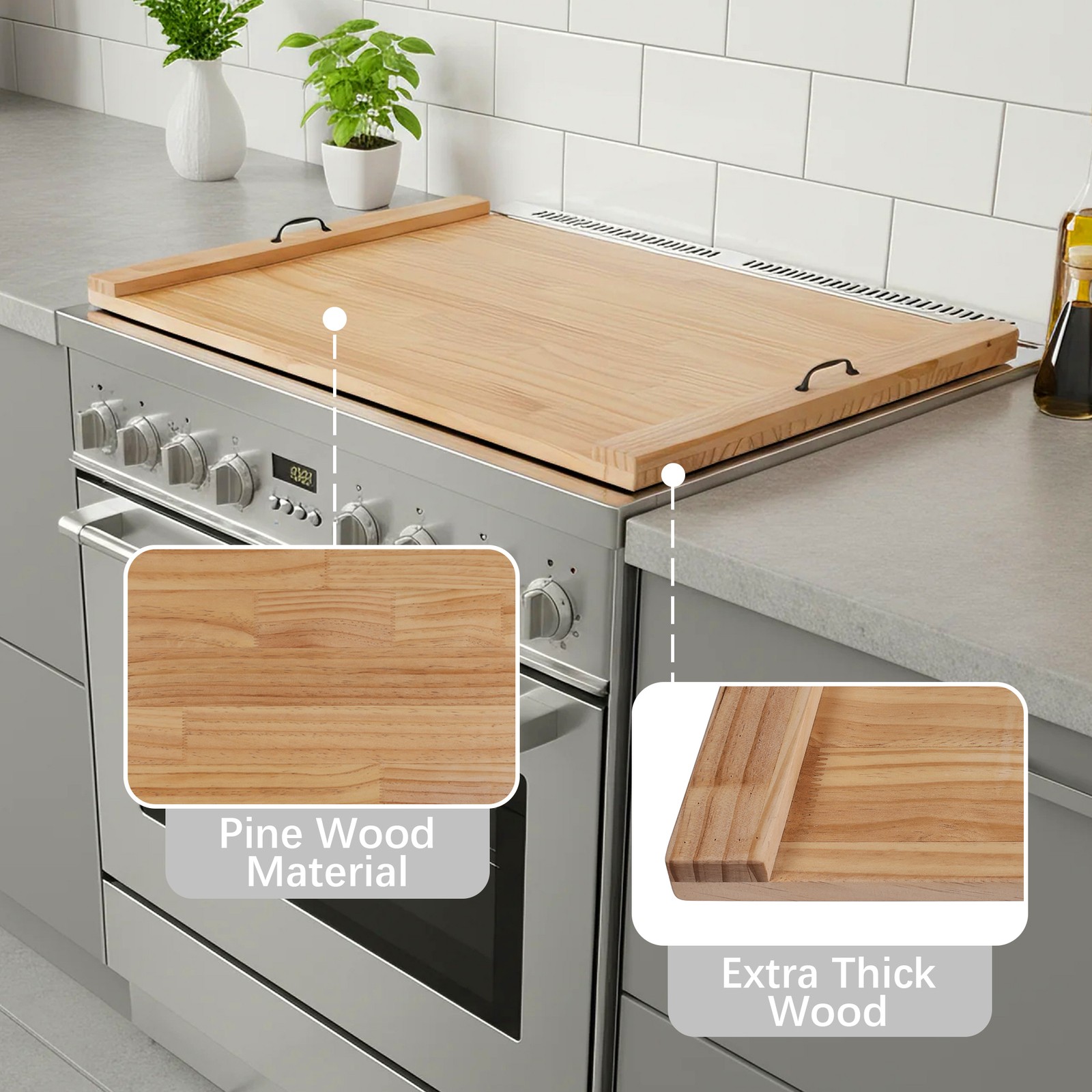 Noodle Board Pine Wood Stove Cover w/ Handles for Gas Electric Stove Top 30"x22"